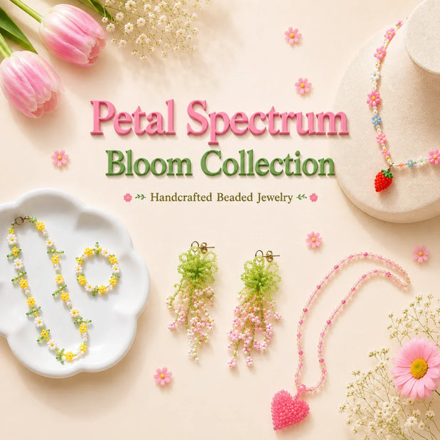 Petal Spectrum Bloom Collection spring handcrafted beaded jewelry with floral necklaces, earrings, and strawberry charm.