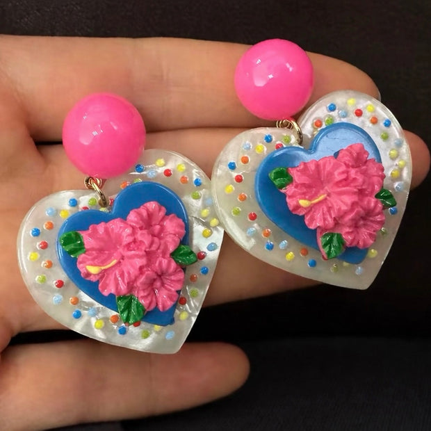 Hibiscus Heart Statement Earrings