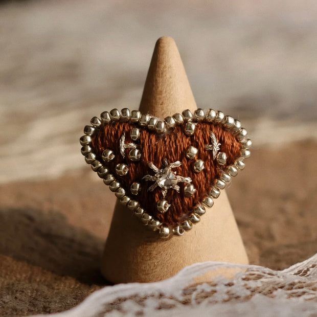 Cocoa Heart Ring – Hand Embroidered Beaded Design