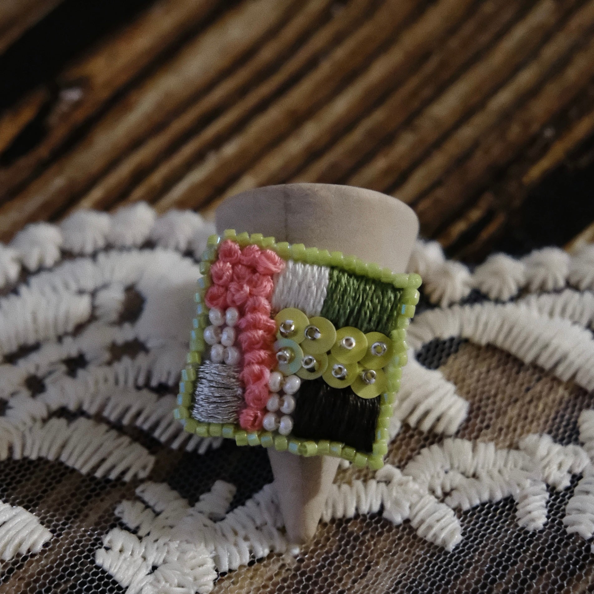 Garden Block Ring – Hand Embroidered Beaded Design