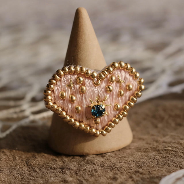 Blush Heart Ring – Hand Embroidered Beaded Design