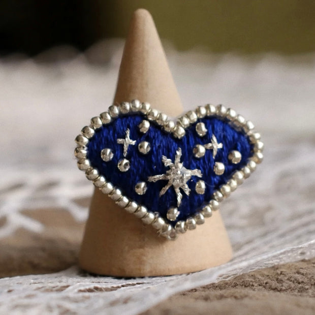 Midnight Heart Ring – Hand Embroidered Beaded Design