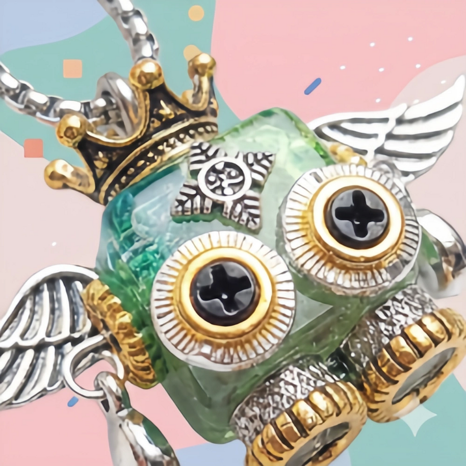 Angel-Bot Mint Necklace featuring a cute steampunk robot pendant with an iridescent mint-green body, silver wings, and a gold crown.