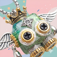 Angel-Bot Mint Necklace featuring a cute steampunk robot pendant with an iridescent mint-green body, silver wings, and a gold crown.