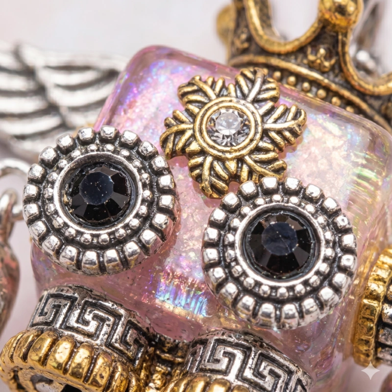 A cute pink steampunk robot pendant with silver wings and a gold crown.