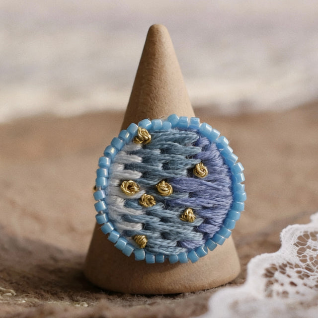 Blue Mosaic Ring – Hand Embroidered Beaded Design
