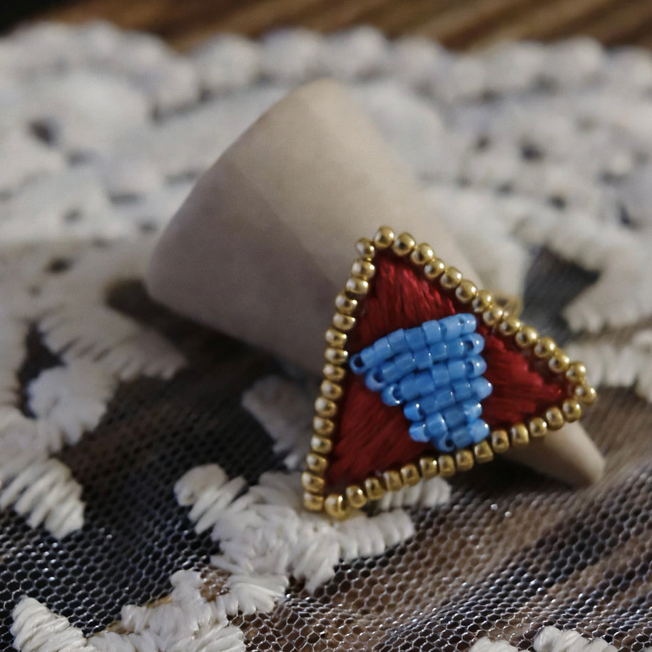 Azure Crimson Ring – Hand Embroidered Beaded Design