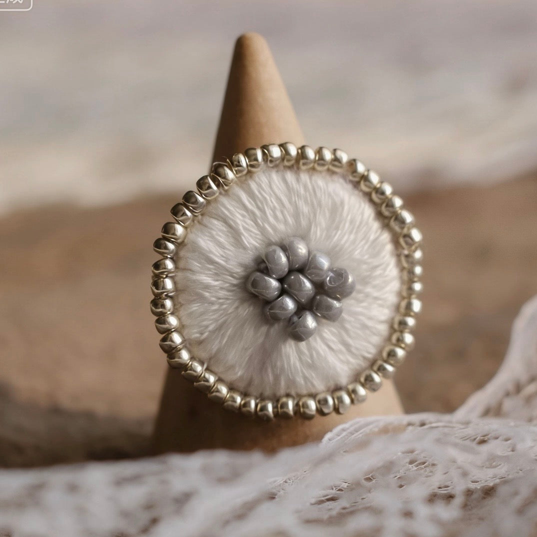 Silver Blossom Ring – Hand Embroidered Beaded Design
