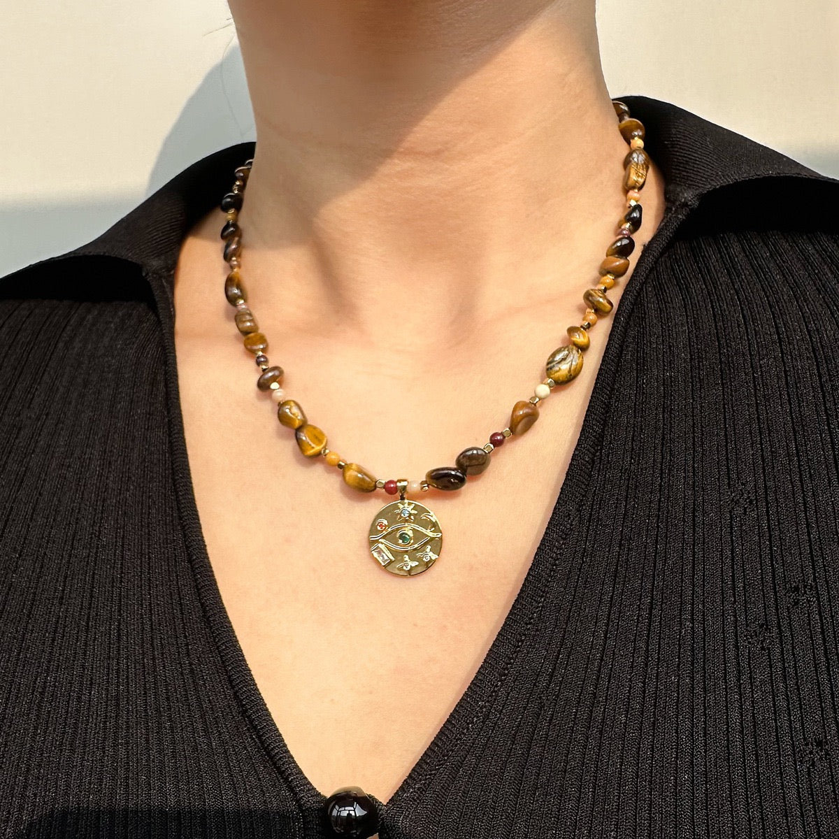 Tiger’s Eye Celestial Necklace & Sunburst Evil Eye Earrings