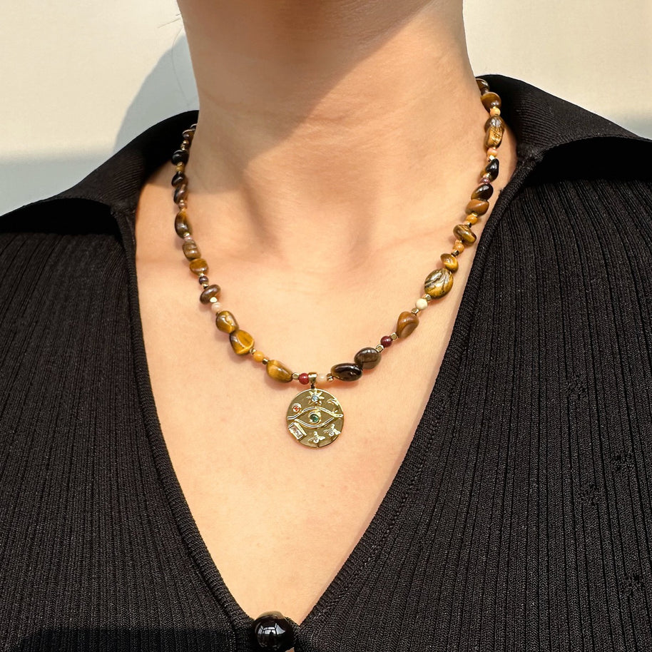 Tiger’s Eye Celestial Necklace & Sunburst Evil Eye Earrings