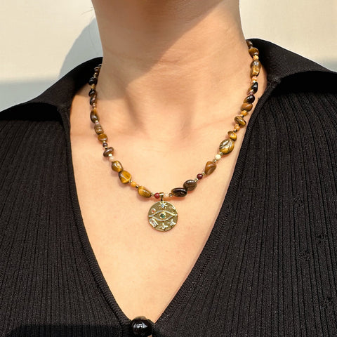 Astro-Talisman Duo | Tiger’s Eye Celestial Necklace & Sunburst Evil Eye Earrings