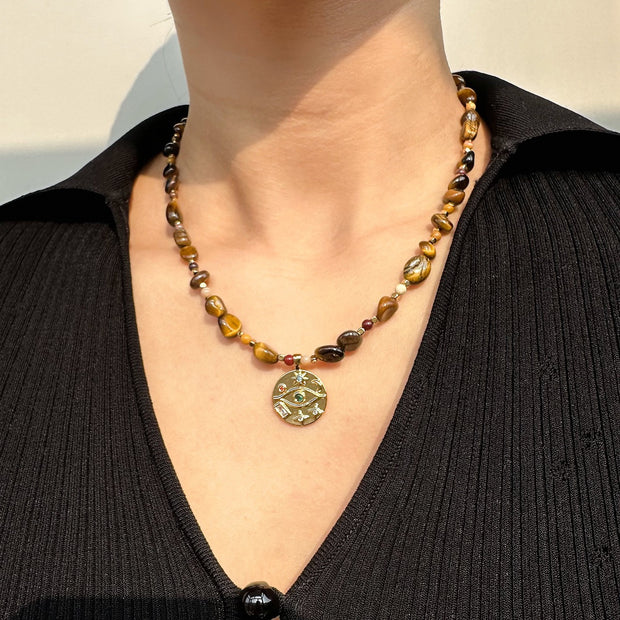 Astro-Talisman Duo | Tiger’s Eye Celestial Necklace & Sunburst Evil Eye Earrings