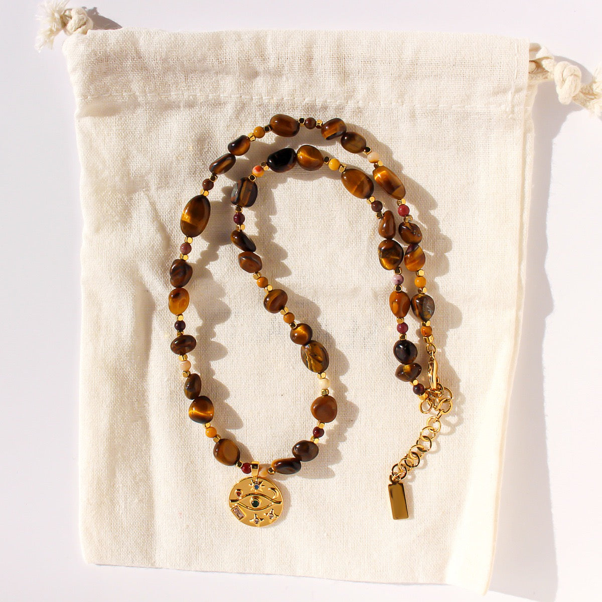 Tiger’s Eye Celestial Necklace & Sunburst Evil Eye Earrings