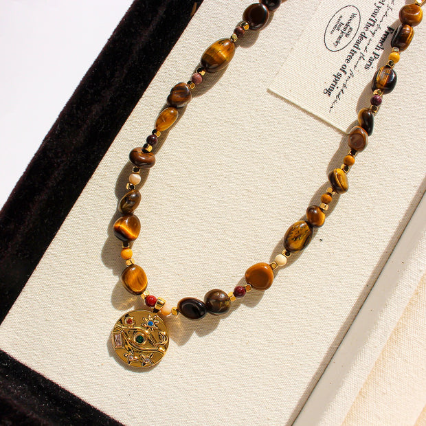 Astro-Talisman Duo | Tiger’s Eye Celestial Necklace & Sunburst Evil Eye Earrings